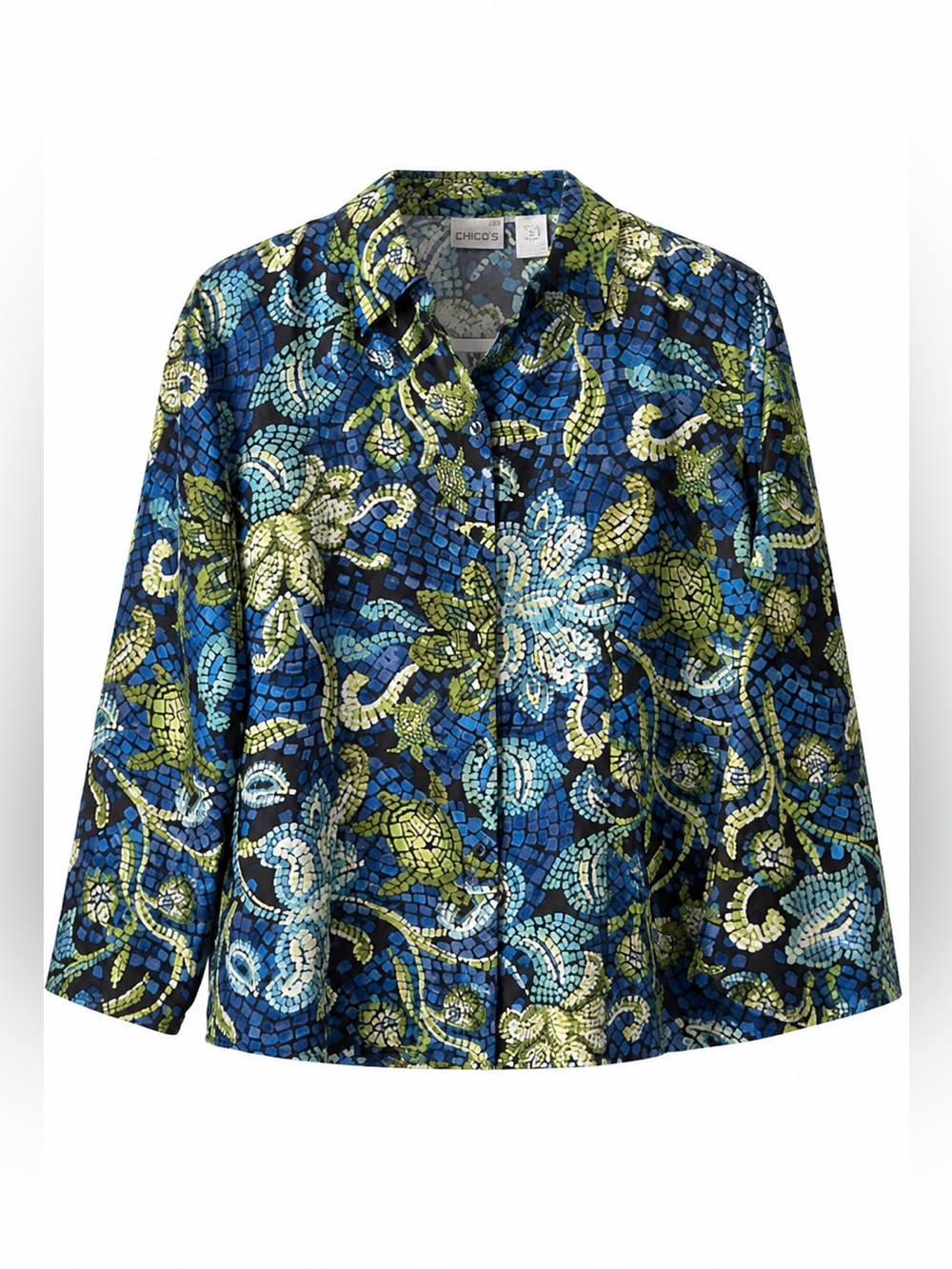 Chico’s Silk Blouse Size 2 L Blue Turtle Time Mosaic Print